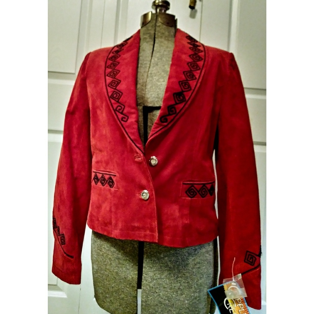 1980's Red Leather Embroidered Blazer